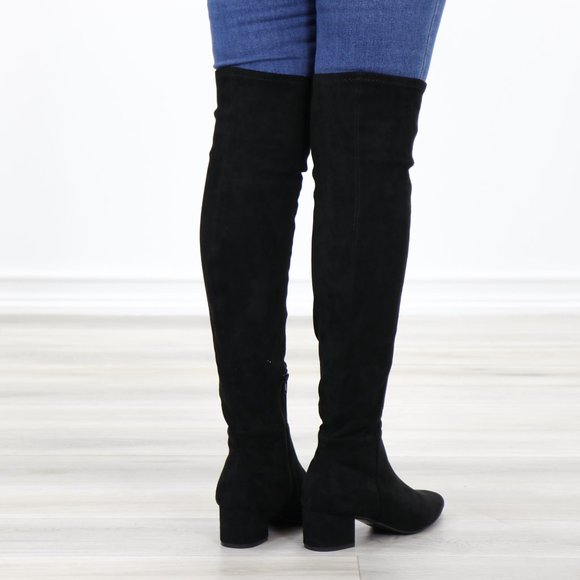 Pointy Toe Over The Knee Black Boots Faux Suede - Picture 8 of 16